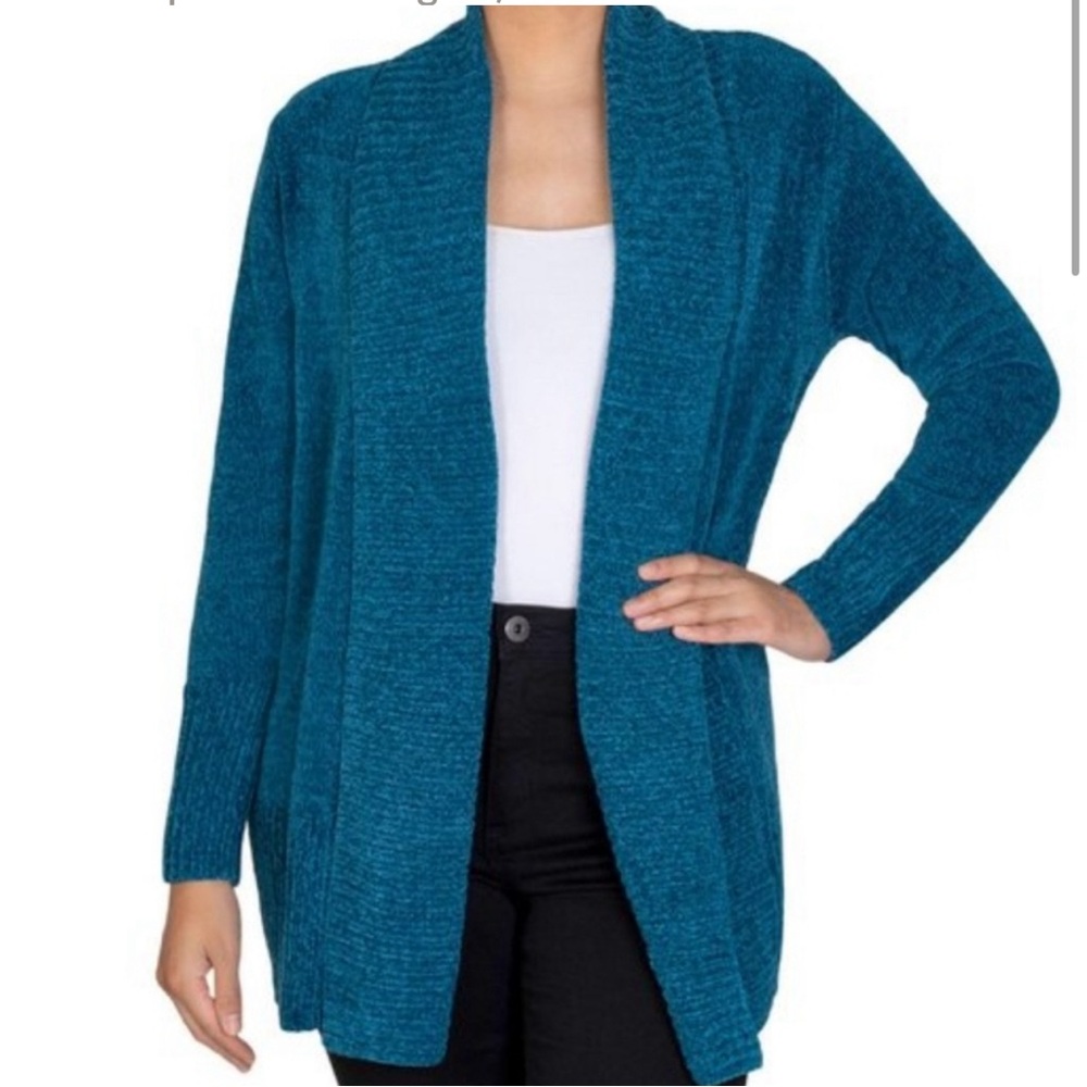 Seven7 SOFT CUTE 🥰 Chenille Cardigan Women’s Size Large Sweater Teal Open Front